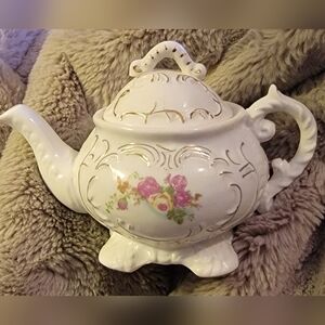 Vintage White Porcelain Floral Teapot with Gold Trim